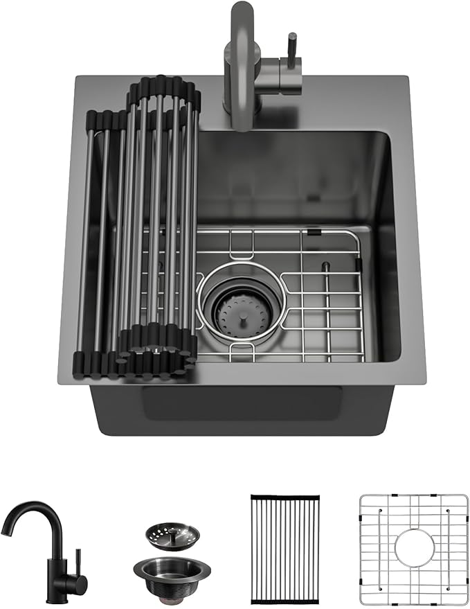 15x15 Inch Black Drop In Bar Sink with Faucet, 16 Gauge 304 Stainless Steel Single Bowl Wet Prep Sink for Kitchen Bar, RV, Outdoor, and Boat, Gunmetal Black #TLT-0017
