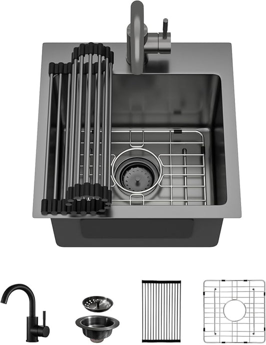 15x15 Inch Black Drop In Bar Sink with Faucet, 16 Gauge 304 Stainless Steel Single Bowl Wet Prep Sink for Kitchen Bar, RV, Outdoor, and Boat, Gunmetal Black #TLT-0017