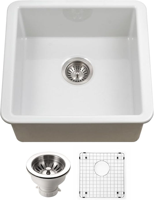 Houzer Platus White Fireclay Kitchen Sink for Bar & Prep - 20 Inch Undermount Square Single Bowl Bar Sink with Strainer & Grid, Durable & Versatile, Essential for Home & Apartment - PTB-2020 WH-C
