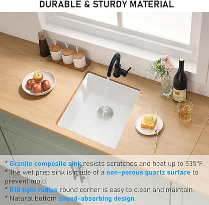 19 Inch Undermount Bar Sink, 19x19 White Quartz Granite Composite Small Undermount Kitchen Sink Single Bowl Square Deep Wet Bar Basin with Small Squeegee Brush Combo