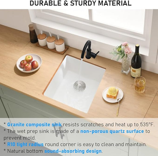 19 Inch Undermount Bar Sink, 19x19 White Quartz Granite Composite Small Undermount Kitchen Sink Single Bowl Square Deep Wet Bar Basin with Small Squeegee Brush Combo