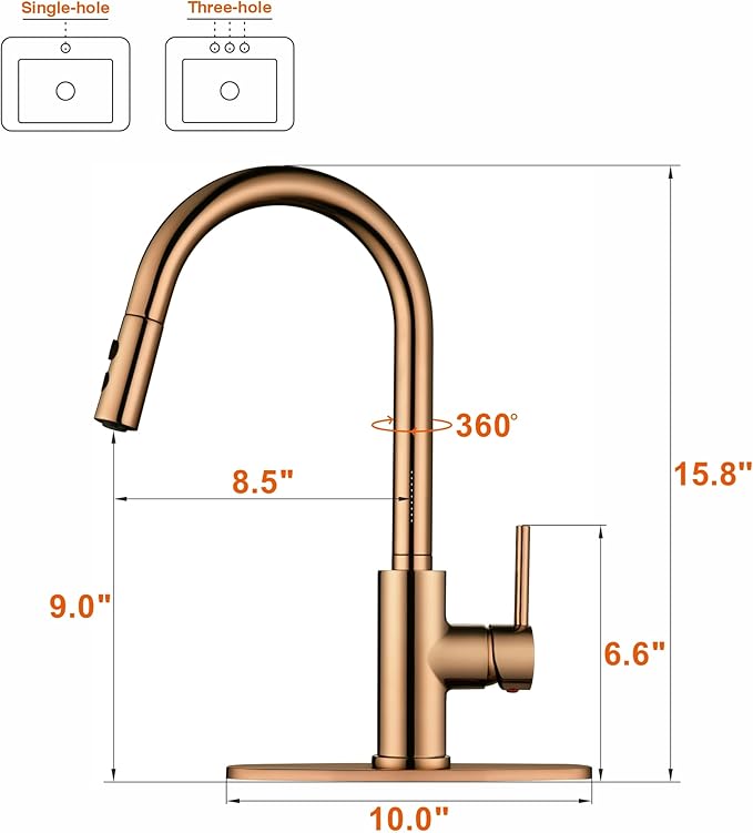 RULIA Kitchen Faucet, Kitchen Sink Faucet, Sink Faucet, Pull-Down Kitchen Faucets, Bar Kitchen Faucet, Copper Rose Gold, Metal Spray Head, RB1025