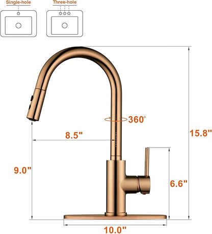 RULIA Kitchen Faucet, Kitchen Sink Faucet, Sink Faucet, Pull-Down Kitchen Faucets, Bar Kitchen Faucet, Copper Rose Gold, Metal Spray Head, RB1025