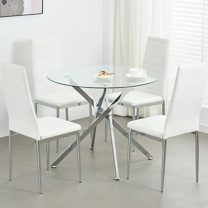 Modern Dining Table for 4-6 People, 47" Round Dining Table with Silver Chrome Metal X-Base, Circle Tempered Glass Dining Room Table, Small Kitchen Dining Room Tables Dinner Tables