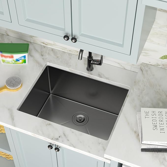 Undermount Laundry Sink - Couoko 24"x18"x12"Black Stainless Steel Laundry Sink NANO PVD Gunmetal Black 16 Gauge Single Bowl Deep Utility Laundry Room Kitchen Sinks