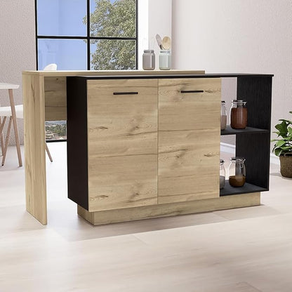 GOWE Kitchen Island, Double Door Cabinets, Two External Shelves, Three Shelves, Black/Light Oak