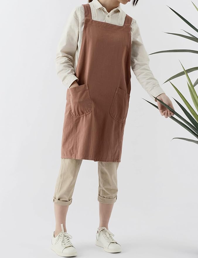 Japanese Cotton Linen Cross Back Apron with Pockets,Fashion Pinafore Dress for Gardening Painting Cleaning Cooking