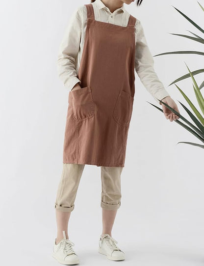 Japanese Cotton Linen Cross Back Apron with Pockets,Fashion Pinafore Dress for Gardening Painting Cleaning Cooking