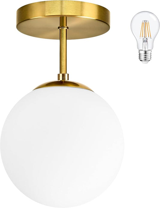 Gold Globe Semi Flush Mount Ceiling Light,Mid Century Modern Light Fixture Ceiling,Globe Ceiling Light for Hallway Living Room Kitchen Bedroom Storage Schoolhouse Laundry(Bulb Incl.)