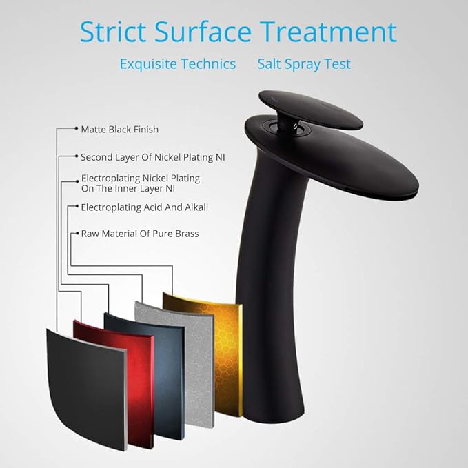 Wovier Matte Black Waterfall Bathroom Faucet,Single Handle Single Hole Brass Lavatory Vanity Vessel Faucet,Slanted Body Basin Mixer Tap Tall Body with Supply Hose and Pop Up Drain Assembly