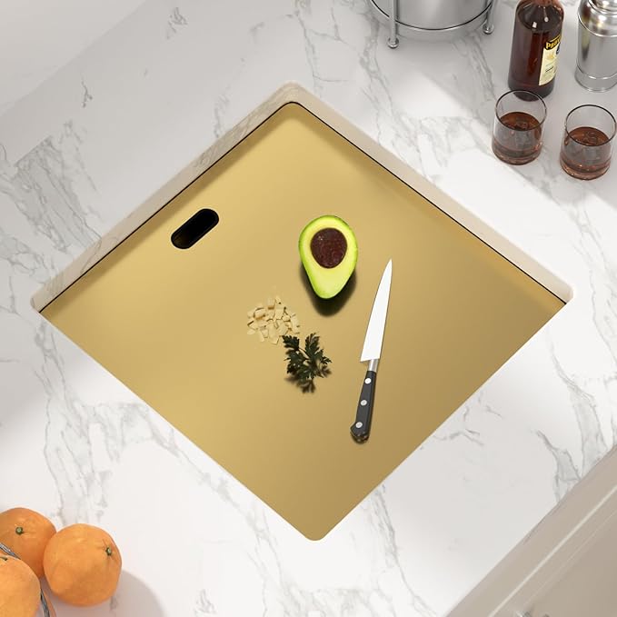 Sarlai Undermount Bar Sink - 18 Inch Gold Undermount Kitchen Sink Workstation with Foldable Faucet 18x18 Inch Outdoor Bar Prep Single Bowl Gold Sinks 16 Gauge Stainless Steel BBQ Basin with Cover