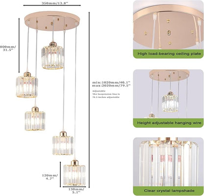Crystal Pendant Lights Chandeliers for High Ceilings Modern Crystal Chandeliers Hanging Light Fixture Raindrop Drop Lamp for Dining Room Foyer Living Room Entryway Gold 5 Lights