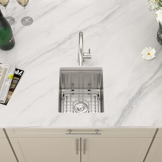 Dcolora Undermount Small Bar Sink 13x15x9 inches, Brushed 304 Stainless Steel, Heavy Duty 16 Gauce, Save Space with Full-size Cutting Board #DC-UW258001