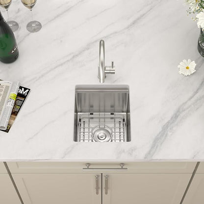 Dcolora Undermount Small Bar Sink 13x15x9 inches, Brushed 304 Stainless Steel, Heavy Duty 16 Gauce, Save Space with Full-size Cutting Board #DC-UW258001