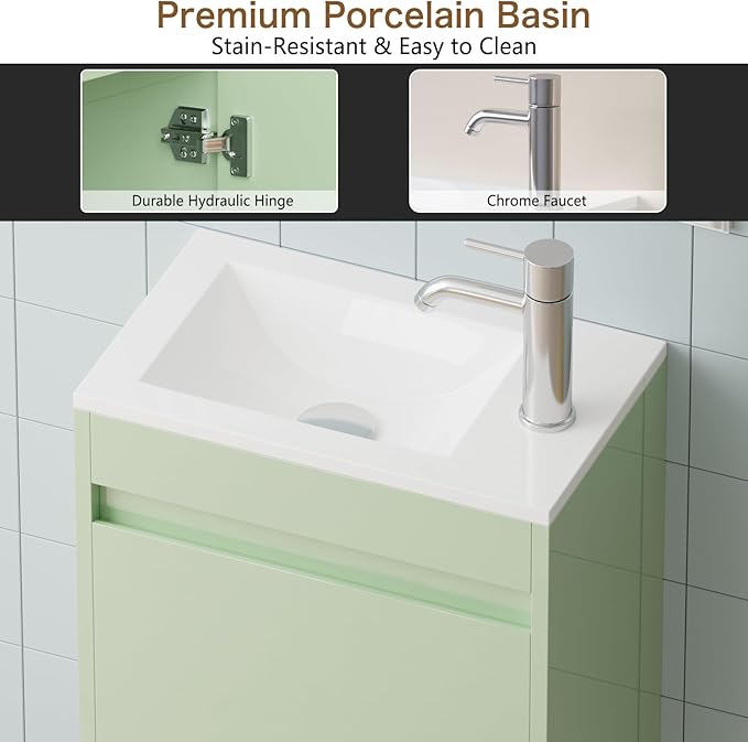 wonline 16" Floating Bathroom Vanity with Sink, Wall Mounted Resin Basin Cabinet Combo for Small Bathrooms, High Gloss Green, Includes Chrome Faucet & Pop Up Drain