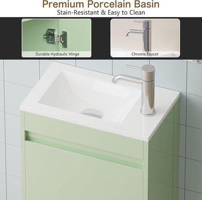 wonline 16" Floating Bathroom Vanity with Sink, Wall Mounted Resin Basin Cabinet Combo for Small Bathrooms, High Gloss Green, Includes Chrome Faucet & Pop Up Drain