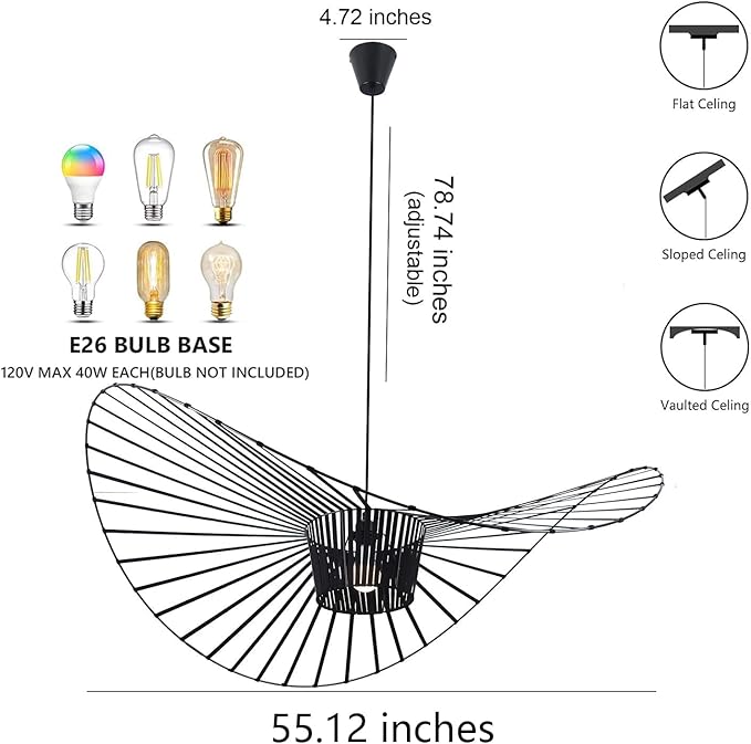 Modern Black Woven Chandelier, 55.1" Farmhouse Coastal Hat Pendant Light Fixtures Matte Black Handwoven Shade Boho Pendant Hanging Lamp for Kitchen Dining Room Bedroom Foyer Hallway