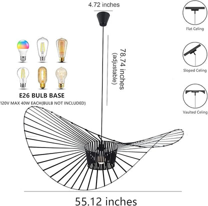 Modern Black Woven Chandelier, 55.1" Farmhouse Coastal Hat Pendant Light Fixtures Matte Black Handwoven Shade Boho Pendant Hanging Lamp for Kitchen Dining Room Bedroom Foyer Hallway