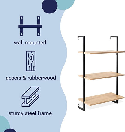 happimess MSH1000B Madera 40.55" Classic Industrial 3-Shelf Wood Wall-Mounted Open Ladder Bookcase with Metal Frame, Light Oak/Black