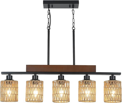 Rattan Farmhouse Chandeliers for Dining Room, Boho Kitchen Island Lighting, 5-Light Linear Chandelier Rectangle Pendant Lighting, Rustic Wood Chandeliers Black Hanging Light Fixtures for Living Room