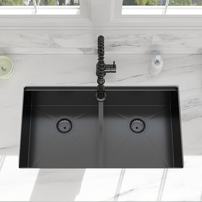 33 Black Undermount Kitchen Sink - 33x19 Gunmetal Black Double Bowl Kitchen Sinks Workstation 16 Gauge Stainless Steel Sink Low Divide Double Basin 50/50