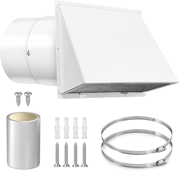White 10 Inch Hooded Wall Vent with Screen and Damper Exterior Exhaust Vent Cover Cap
