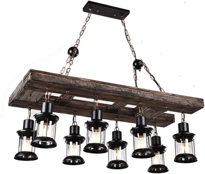A Million Retro Farmhouse Wood Chandelier, 8-Light Industrial Chandelier Light Fixture with Seeded Glass Shades, 38" Rectangle Pendant Chandeliers for Dining Room, Kitchen Island
