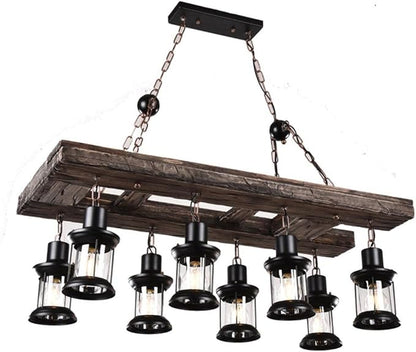 A Million Retro Farmhouse Wood Chandelier, 8-Light Industrial Chandelier Light Fixture with Seeded Glass Shades, 38" Rectangle Pendant Chandeliers for Dining Room, Kitchen Island