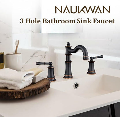 Bathroom Sink Faucet, Roman Stlye Rotated Spout Vanity Basin Faucets 3 Hole 2 Handle 8 inch Widespread Deck Mount Brass Faucet for Sink with Overflow Pop Up Drain Oil Rubbed Bronze NL2204-ORB