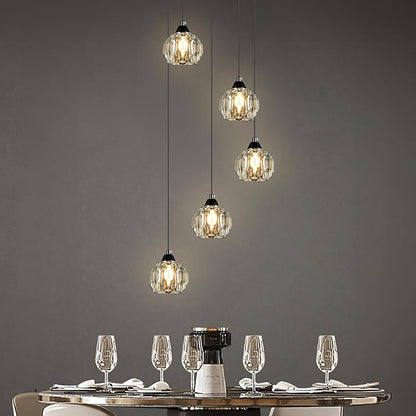 Weesalife Crystal Chandeliers for Dining Room Lights Fixture Over Table, 5-Light Black Modern Pendant Light Fixture，Crystal Chandeliers for Living Room Kitchen Island Staircases Foyer Hallway Bar