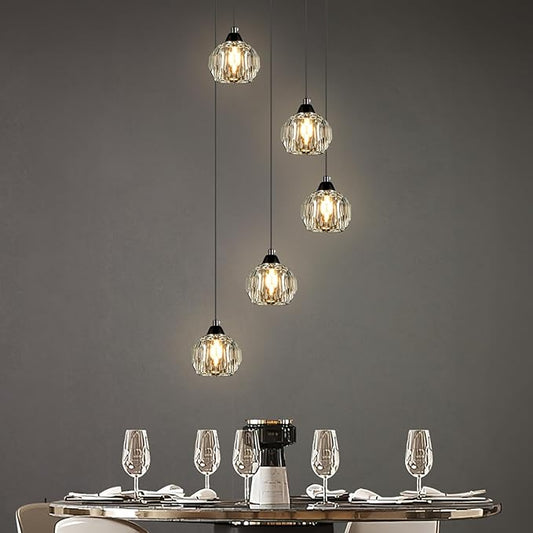 Weesalife Crystal Chandeliers for Dining Room Lights Fixture Over Table, 5-Light Black Modern Pendant Light Fixture，Crystal Chandeliers for Living Room Kitchen Island Staircases Foyer Hallway Bar