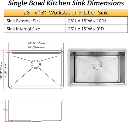 Undermount Kitchen Sink,16 Gauge T-304S Stainless Steel Workstation Sink with Accessories, 28" x 18" x 10" Deep Single Bowl Kitchen Sink for Kitchen,Outdoor and Bathroom
