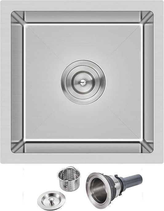 18 inch Bar Sink, KINKIB 18 x 18 x 9 inch Undermount Bar or Prep Kitchen Sink, Handmade Single Bowl T-304 Stainless Steel Small Kitchen Sink with Strainer