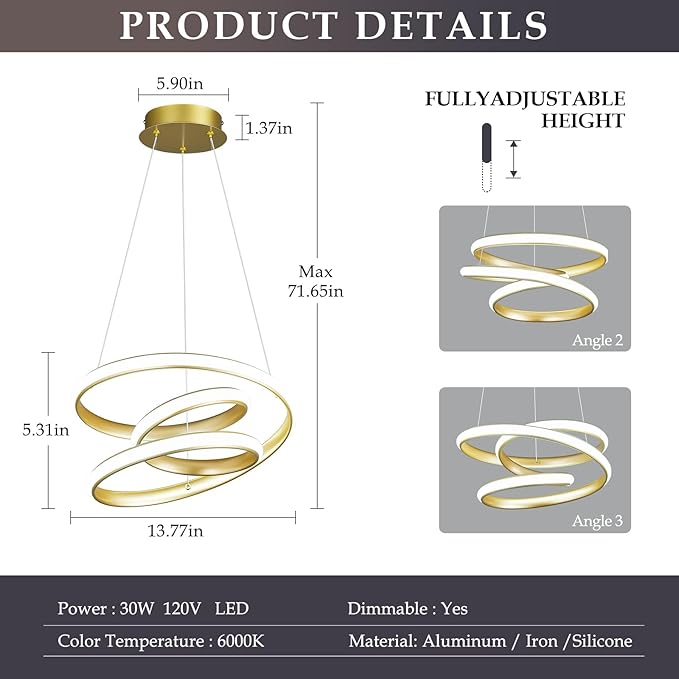 Modern Pendant Lights Gold Pendant Light Irregular Streamline LED Chandelier Adjustable Height Pendant Lighting for Kitchen Island Dining Room Bedroom Living Room Corridor Hallway Foyer