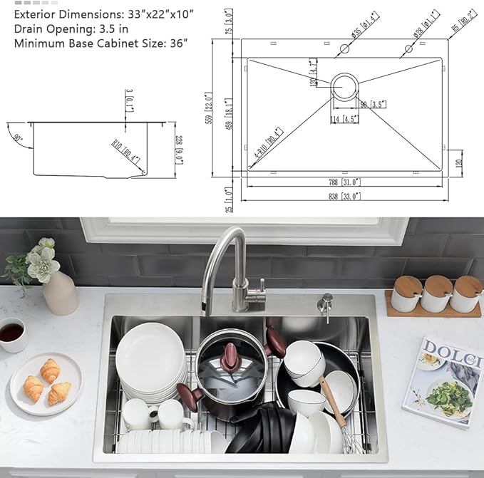 33 x 22 Drop In Kitchen Sink and Faucet Combo Set-VASOYO Stainless Kitchen Sinks Drop In Topmount Stainless Steel Deep Single Bowl Overmount Sink with Faucet