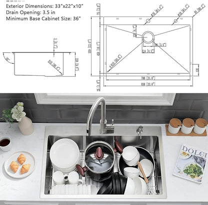 33 x 22 Drop In Kitchen Sink and Faucet Combo Set-VASOYO Stainless Kitchen Sinks Drop In Topmount Stainless Steel Deep Single Bowl Overmount Sink with Faucet