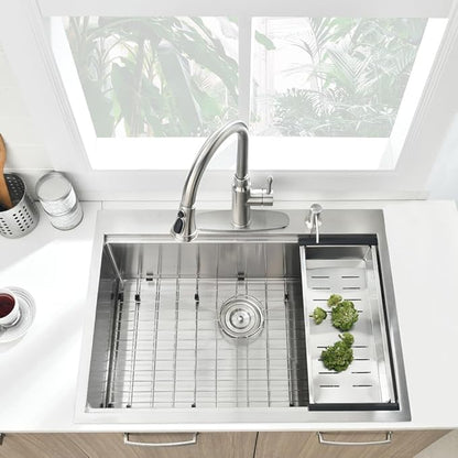33x22 Drop in Kitchen Sink, Single Bowl Ledge Workstation 16 Gauge Stainless Steel Kitchen Sink Top Mount 2 Holes 10 Inch Deep (33"x22"10")