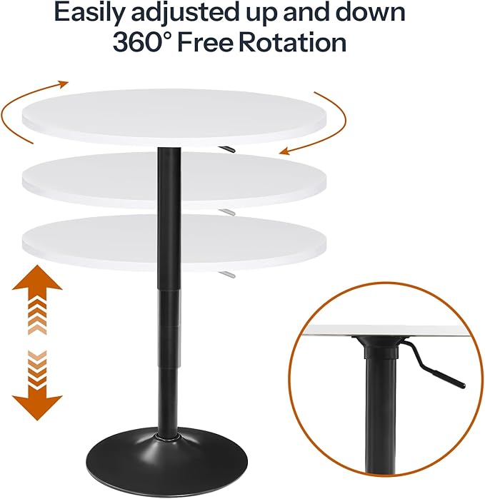 HOOBRO Bar Table, Height-Adjustable Round Pub Table 27-35.4 Inches with Sturdy Base, Modern Style, Easy to Assemble, Suitable for Small Space, White BW58BT01G1