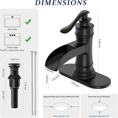 BWE Matte Black Waterfall Bathroom Sink Faucet 1 Hole or 3 Hole, Single Handle Bathroom Vanity Faucet with Pop-Up Drain and Water Supply Lines