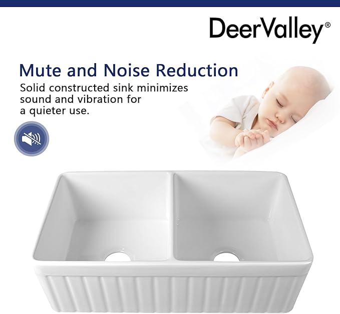 DeerValley Double Bowl Farmhouse Kitchen Sink 33 Inch, Fireclay Farm Sinks, Reversible Apron Front Deep Drop In Kitchen Sinks with Bottom Grid and Strainer