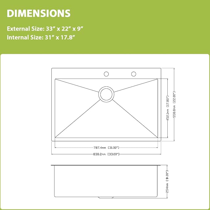 33 Inch Drop In Kitchen Sink - 33x22 Topmount 16 Gauge Stainless Steel Single Bowl Drop In Kitchen Sink 9" Deep Basin with Drain Assembly