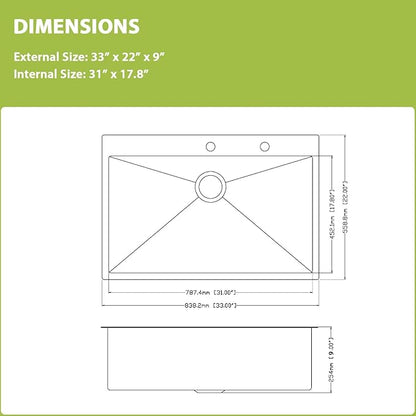 33 Inch Drop In Kitchen Sink - 33x22 Topmount 16 Gauge Stainless Steel Single Bowl Drop In Kitchen Sink 9" Deep Basin with Drain Assembly