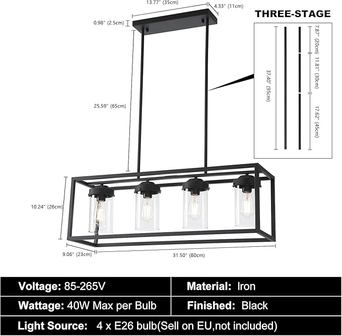 Black Dining Room Light Fixtures, Farmhouse Chandeliers for Dining Room Rustic Kitchen Island Light Fixtures Vintage Antique Linear Adjustable Hanging Pendant Light with Clear Glass Shade