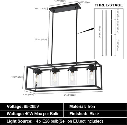 Black Dining Room Light Fixtures, Farmhouse Chandeliers for Dining Room Rustic Kitchen Island Light Fixtures Vintage Antique Linear Adjustable Hanging Pendant Light with Clear Glass Shade