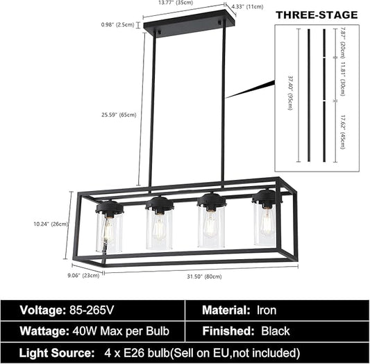 Black Dining Room Light Fixtures, Farmhouse Chandeliers for Dining Room Rustic Kitchen Island Light Fixtures Vintage Antique Linear Adjustable Hanging Pendant Light with Clear Glass Shade
