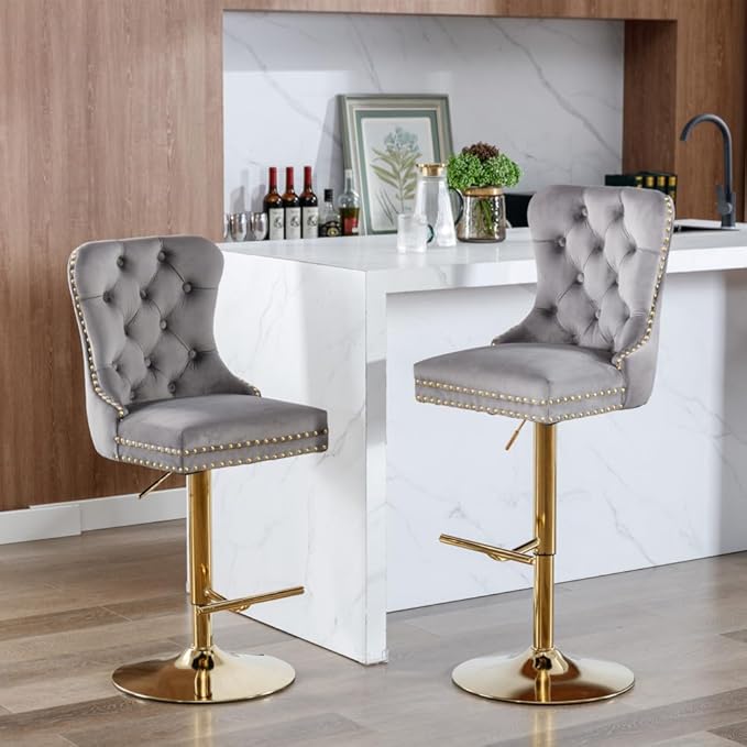 Set of 2 Thick Chrome Swivel Velvet Barstools,Adjustable 25-33" Height,with17.7 Base,Sponge&Spring Seat,for Home Pub&Kitchen Island(Blue) (Gray + Velvet + Foam)