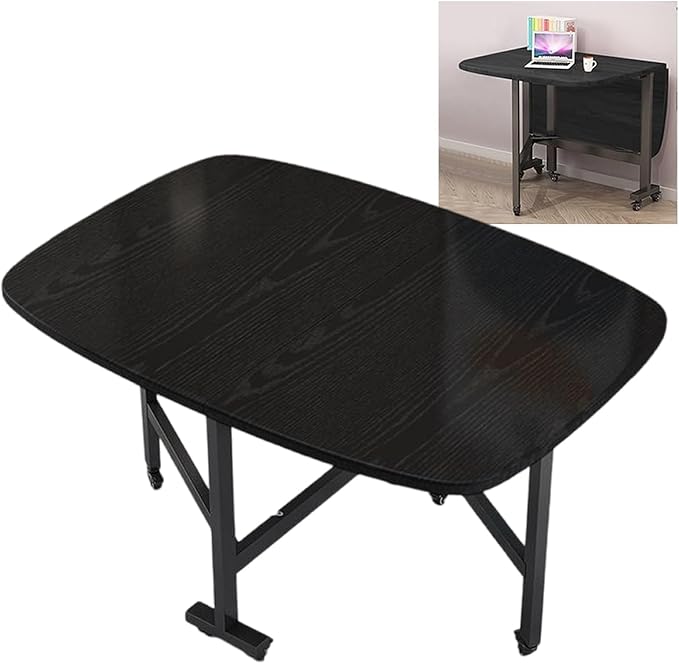 Wooden Foldable Kitchen Table with 6 Wheels，Drop Leaf Dining Table, Multifunction Expandable Folding Table, Space Saving Folding Kitchen Table, Seats 2-8 People, for Kitchen/Farmhouse/Living Room(Blac