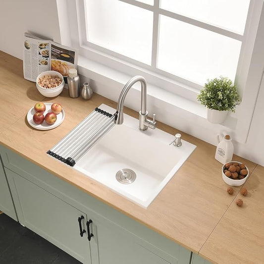 24 Drop in Kitchen Sink, 24x19 Inch Single Bowl White Granite Composite Quartz Topmount Outdoor Kitchen Sink RV Basin with Small Rubber Squeegee