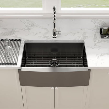 Sarlai Black Farmhouse Sink - 30 Inch Apron Front Kitchen Sink 30x22 Inch Farmhouse Kitchen Sinks Gunmetal Black Farmer Farm Stainless Steel 16 Gauge Sinks Deep Single Bowl Basin