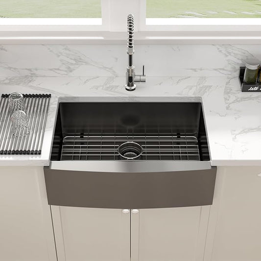 Sarlai Black Farmhouse Sink - 30 Inch Apron Front Kitchen Sink 30x22 Inch Farmhouse Kitchen Sinks Gunmetal Black Farmer Farm Stainless Steel 16 Gauge Sinks Deep Single Bowl Basin
